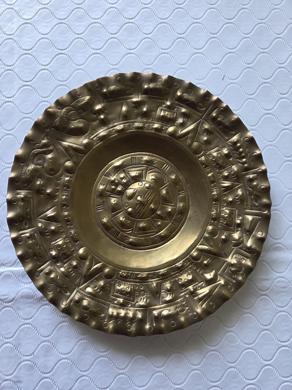 Vintage Brass Aztec Calendar Wall Plate Plaque Made in Mexico 10"